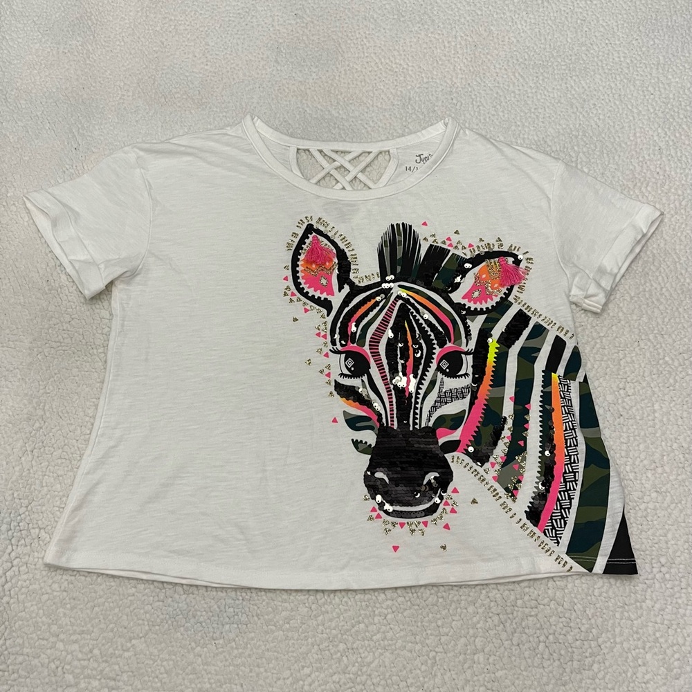 Justice White Zebra Design Short Sleeve Tee